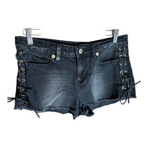 AUTHENTIC ICON black/gray wash distressed side tie up sides denim jean shorts